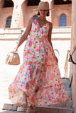 V Neck Backless Quilted Floral Print Vacation Maxi Slip Dresses