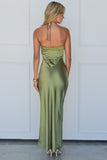 Halter Rosette Decor Open Back Slim Fit Satin Maxi Dresses-Green