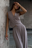 V Neck Waistcoat Plain Wide Leg Pants Matching Set-SlateGray