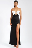 Colorblock Bow High Slit Satin Slip Maxi Dresses-Black