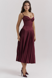 Irregular Neck Corset A-Line Pleated Hem Satin Slip Midi Dresses-Burgundy