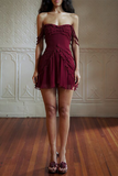 Ruffled Trim Dropped Shoulder A-Line Mini Dresses-Burgundy