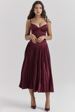 Irregular Neck Corset A-Line Pleated Hem Satin Slip Midi Dresses-Burgundy