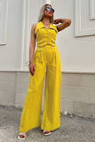 Plain Turndown Collar Waistcoat Wide Leg Pants Matching Set-Yellow