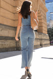 Lapel Collar Sleeveless Pocket Denim Flare Leg Jumpsuit-Blue