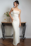 Front Ruched Slim Fit Backless Spaghetti Strap Satin Gowns Maxi Dresses-White