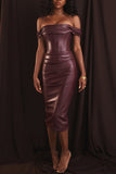 Faux Leather Pleated Neckline Corset Bodycon Cocktail Party Midi Dresses-Burgundy