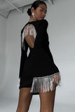 Square Neck Flared Sleeve Rhinestone Fringed Backless Slim Fit Mini Dresses-Black