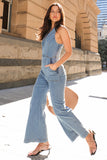 Lapel Collar Sleeveless Pocket Denim Flare Leg Jumpsuit-Blue