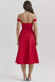 Dropped Shoulder Corset A-Line Slit Solid Color Midi Dresses-Red