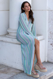 Crochet Abstract Striped Pattern Deep V Neck Flare Sleeve Slit Maxi Dresses-Green