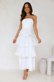 Strapless A-Line Layered Ruffled Hem Maxi Dresses-White