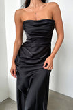 Ruched Strapless Boat Neck Bodycon High Slit Gowns Maxi Dresses