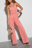 Solid Color High Waist Flared Leg Denim Cami Jumpsuit-Orange