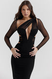 Irregular Cutout Long Sleeve Slim Fit Mesh Maxi Dresses-Black