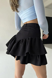 High Waist Layered Ruffled Plain Mini Skirt-Black