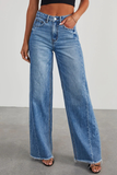 Denim Wide Leg Raw Edge Hemline Pocket Jeans-Blue