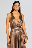 Deep V Neck Backless Pleated Wide Leg Bronzing Jumpsuit-Gold