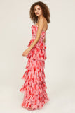 Ruffle Layered Cinch Waist Print Party Maxi Tube Dresses-Pink