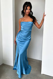 Ruched Strapless Boat Neck Bodycon High Slit Gowns Maxi Dresses