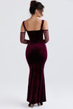 Cold Shoulder Lace Sleeve Bodycon Velvet Formal Party Maxi Dresses