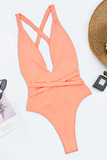 Deep V Neck Crossover Backless Tie Up One-Piece Swimsuit-Orange