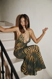 Animal Print Deep V Neck Open Back Spaghetti Strap Maxi Dresses-Green