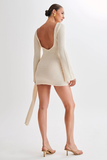 Knit Solid Color Long Sleeve Open Back Ruched Streamer Mini Dresses-Ivory