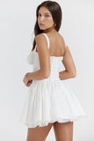 A-line White Boat Neck Tied Up Cami Backless Lace Up Pleated Embroidery Hem Mini Dresses