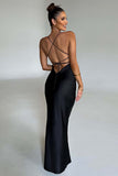 Lace Up Backless Satin Spaghetti Strap Evening Party Maxi Dresses