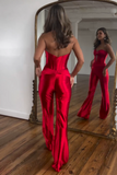 Twisted Strapless Cutout Corset Straight Leg Party Jumpsuit-Red