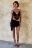 V Neck Backless Lace Halter Top High Low Hem Mini Skirt Matching Set