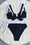 Irregular Neckline Ruched Bikini Bra Colorblock Tie Up Bikini Set-Black