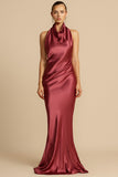 Halter Cowl Neck Backless Gown Party Maxi Dresses-Burgundy