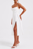 Jacquard Boat Neck Corset A-Line Slit Midi Strappy Dresses-White