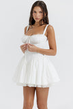 A-line White Boat Neck Tied Up Cami Backless Lace Up Pleated Embroidery Hem Mini Dresses