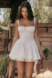 A-line White Boat Neck Tied Up Cami Backless Lace Up Pleated Embroidery Hem Mini Dresses