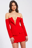 Deep V Collar Off Shoulder Long Sleeve Mini Blazer Dresses-Red