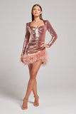 Feather Sequin Long Sleeve Ruched Cocktail Party Mini Dresses