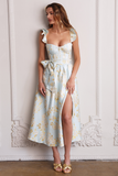 Floral Pattern Ruffled Strap Corset Tie Up Bow Slit A-Line Midi Dresses-Blue