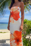 Floral Print Strapless Slim-Fit Vacation Maxi Dresses-White