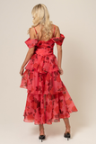 Floral Print Dropped Shoulder Tiered Hem Slip Midi Dresses-Red