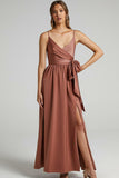 V Neck Knotted Split Gown Slip Maxi Dresses