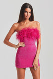 Sequin Strapless Feather Trim Bodycon Mini Party Dresses