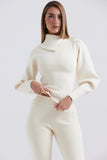 Irregular Folded Stand Collar Lantern Sleeve Sweater Plain Pants Matching Set-Beige