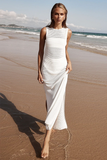 Knit Slim Fit Side Slit Cover Ups Maxi Tank Dresses-White