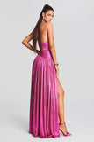 Shiny V Neck Halter Cutout Backless Slit Party Maxi Dresses