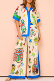 Doodle Print Short Sleeve Blouse Colorblock Wide Leg Pants Matching Set-Beige