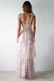 Tie Up Straps Cinch Waist Floral Print Tiered Maxi Dresses-Pink