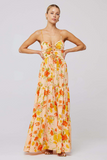 Floral Print Front Tie Up Spaghetti Strap Flowy Maxi Dresses-Orange